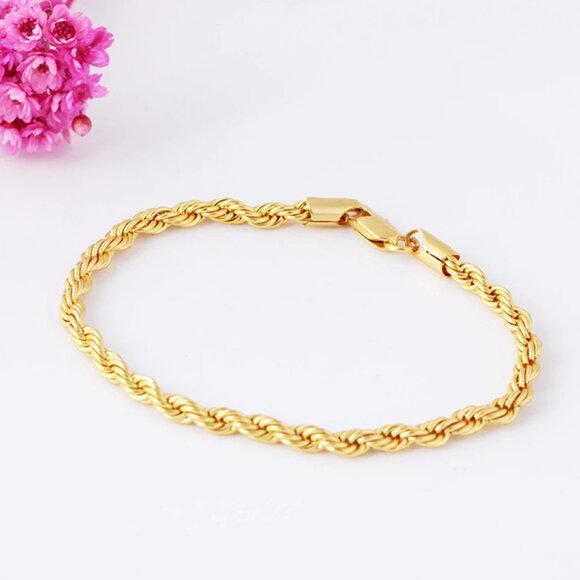 ⭐ Beautiful New 7.75" Diamond Cut Rope Bracelet 4mm Wide 18K Gold ⭐ - Picture 2 of 4